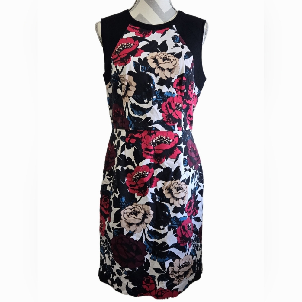 ADRIANNA PAPELL Floral Midi Dress Sleeveless Black White Red Blue Tan Size 12